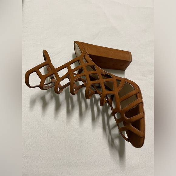 Schutz Jaden Brown Dress Sandal Saddle Cut-Out Block Heel Strappy Fashion Pumps - Picture 4 of 6